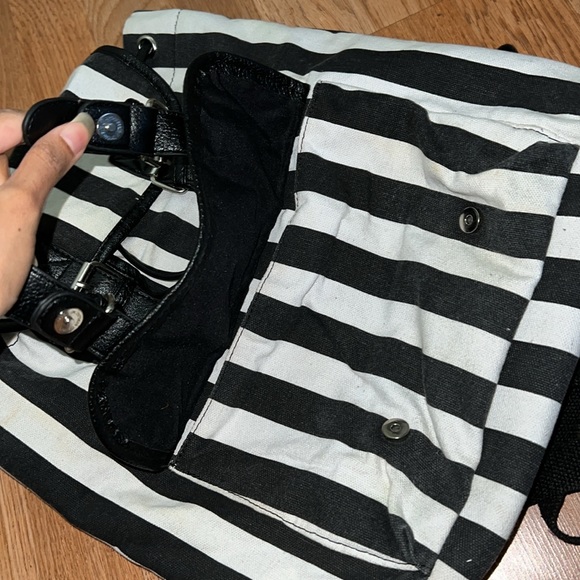 Striped Cloth Backpack With Faux Leather Detailing - Picture 2 of 11